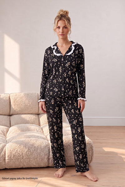 Siyah İnci Siyah Çiçek Desenli Bürümcük-Krınkıl Düğmeli Fırfırlı Pijama Takım 26223941-5
