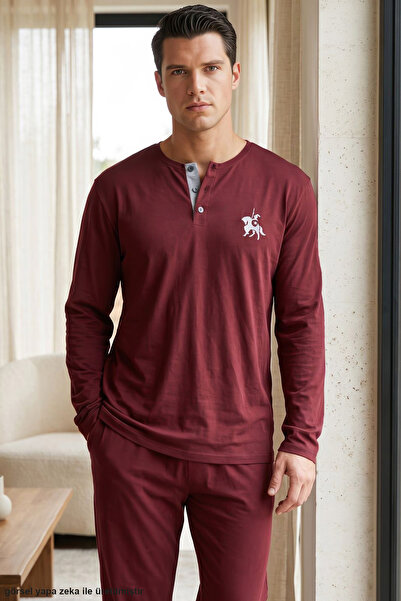 Siyah İnci Burgundy Embroidered Pocketed Buttoned Cotton Lycra Knitted Pajama...