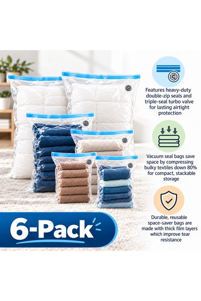 GLOBIVA 6 Piece Set Vacuum Storage Bags with Hand Pump, Space Saving Compression Bags for Clothes, Blankets & Bedding, 40x60cm, 50x70cm & 60x80cm