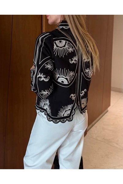 moda rüyası Women's Black Embroidered Buttoned Design Jacket