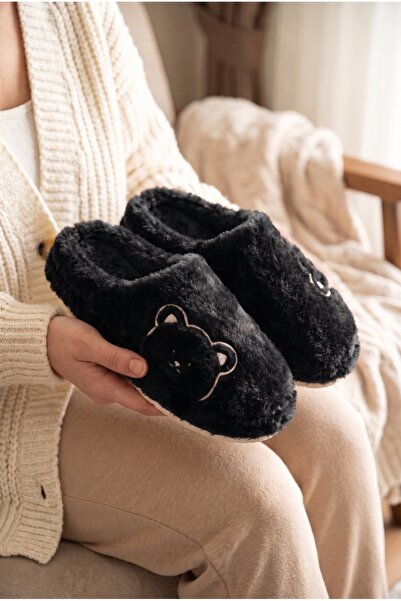 Moda Devrin Women's Black Plush Teddy Bear Figured House Slippers Silent Thic...