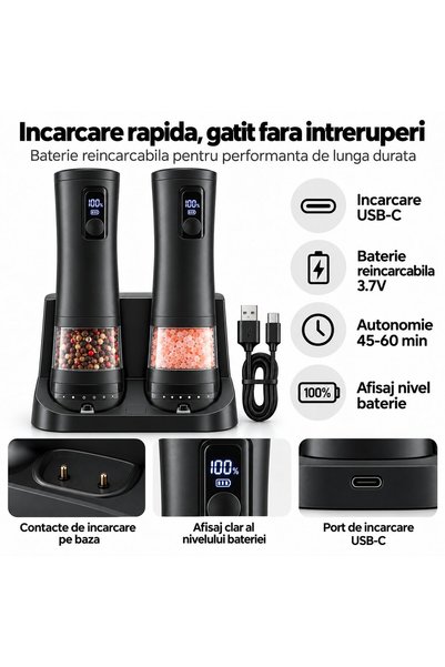 OEM Set 2 rasnite electrice pentru sare si piper, statie de incarcare, 2 viteze, granulatie reglabila, display LED, USB-C, 100 ml, negru