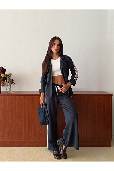 Halon Şerit Detaylı Blazer Ceket Pantolon Takım - Lacivert