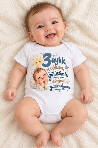 bebek_iklimi 100% Cotton Baby Bodysuit - I'M 3 Months Old Printed Snap-On Bod...