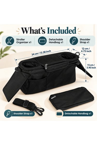 GLOBIVA Universal Baby Stroller Organizer Bag with Multiple Pockets, Zipper Storage and Bottle Holders, Black