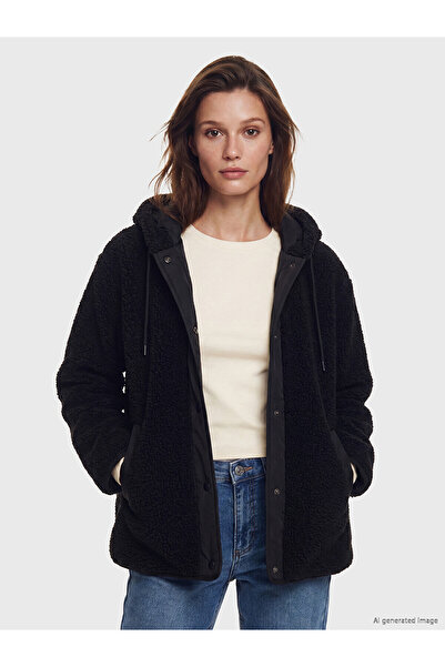 LC Waikiki Nevavm Lcw Modest Black Hooded Oversize Women's Plush Coat with a ...