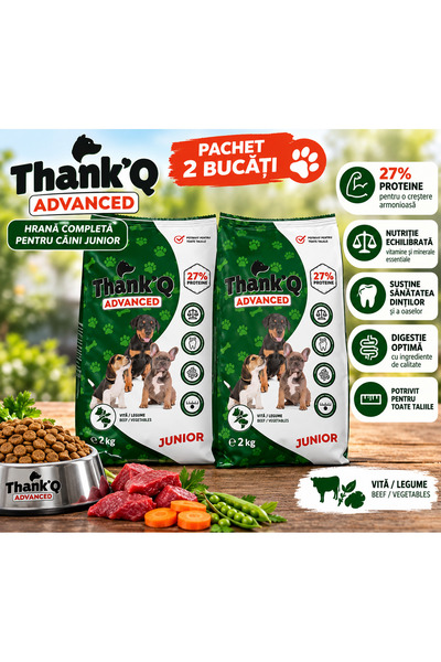 ThankQ Set 2 x 2 kg Hrană Uscată Câini Junior Thank'Q Advanced, Vită și Legum...