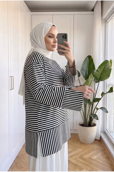 Kirazca Butik Kadın Çizgili Geniş Kol Rahat Kesim Tunik 65 cm