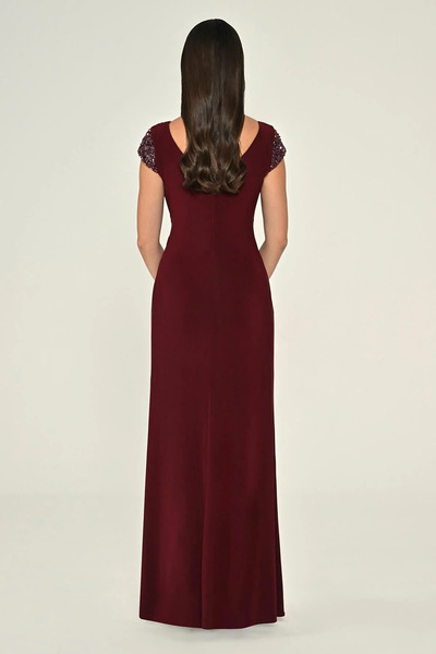 ALFABETA Women's V-Neck Short Sleeve Belted Accessory Waist Slit Long Burgundy Evening Dress & Graduation Dress