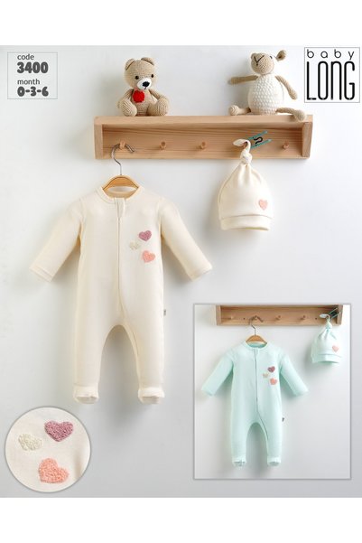 baby long fermuarlı süzene nakışlı şapkalı tulum