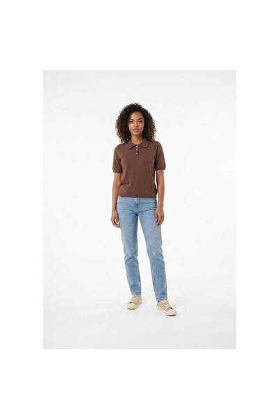 ONLY Onlcinderel Women's Polo Collar Short Sleeve Buttoned Knitwear Blouse Coffee Bean Brown