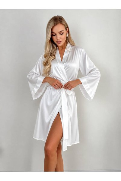 Sandrada SD Halat de damă din satin alb, elegant, cu cordon în talie și mânec...