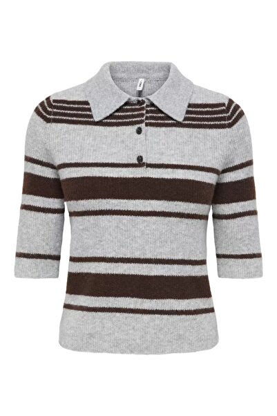 ONLY Onllouisia Women's Polo Neck Striped Short Sleeve Knitwear Blouse Light Gray Melange