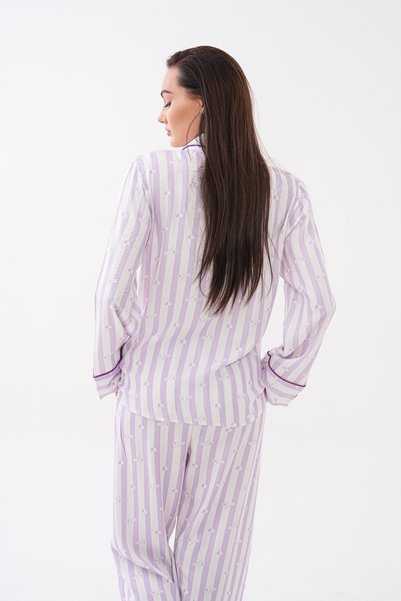 LULUS FRİENDS Lulu's Friends Shirt Collar Front Buttoned Long Sleeve Pocketed Trouser Set Striped Logo and Heart Print Detailed Sleeve and Pocket Embroidery Detailed Woven Viscose Fabric Women's Pajama Set