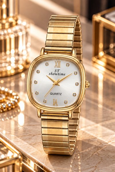 ShowTime ST Kadın Kol Saati Gold Renk Metal Esnek Kordonlu Gümüş Kadranlı Taş Detaylı Köşeli Kasa Analog Quartz Saat