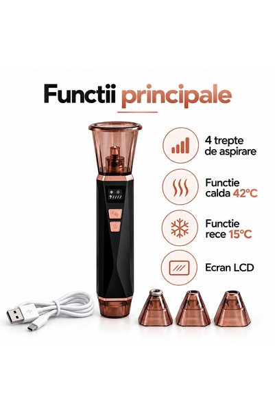 OEM Aparat de îndepărtat puncte negre facial SY-085, cu funcție de aspirație, funcție cald/rece 15 ° C/42 ° C, 4 niveluri de aspirație, ecran LCD, 4 capete, baterie de 1100 mAh