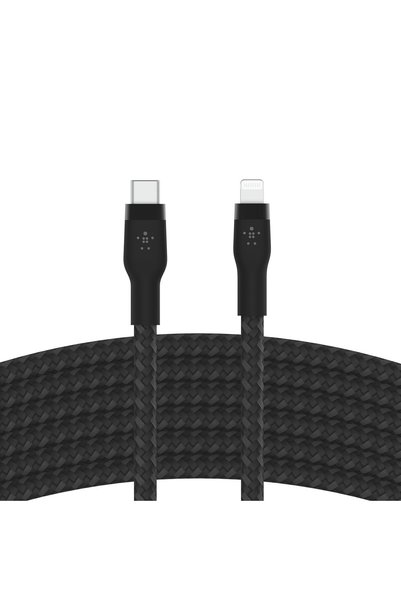 Belkin كابل BoostCharge Flex المجدول من USB-C إلى Lightning (3 متر/10 أقدام)، شحن سريع 20 واط، معتمد من Apple MFi لهواتف iPhone 14، 14 Plus، 13، 12، 11، Pro، Max، Mini، SE، iPad، وغيرها، أسود