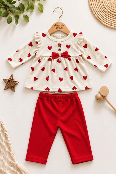 dinamik çocuk Baby girl heart patterned bow ruffled long sleeve top and botto...