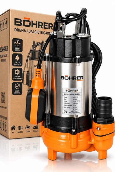 BÖHRER BRD-1100 Bıçaklı Drenaj Dalgıç Pompa – 1100 W, 250 L/DK Maksimum Debi, 10 m Basma Yüksekliği,