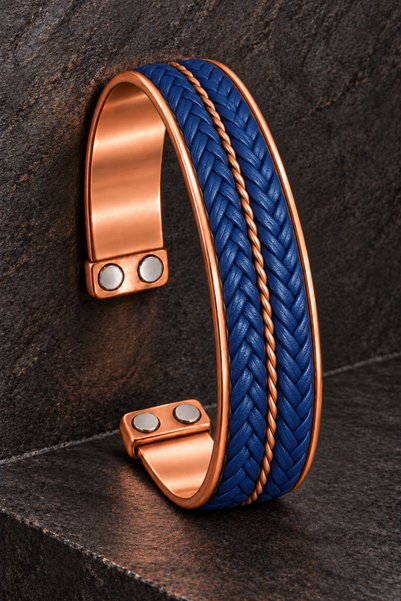 İyyaKee Men's and Women's Navy Blue Copper Bracelet with Leather Top Double B...