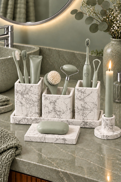 betonmall 6-piece marble patterned concrete bathroom set: toothbrush holder, ...