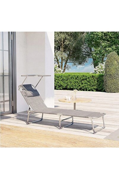 SONGMICS Șezlong pliabil cu parasolar gri reglabil 53x193 cm