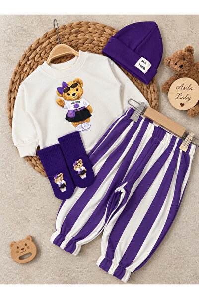 Asila Baby Mrs Teddy Baskılı Sweatshirt Çizgili Pantolon Baskılı Çorap ve Ber...