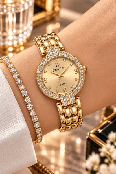 ShowTime ST Kadın Kol Saati Gold Renk Şampanya Kadranlı Taşlı Yuvarlak Kasa Metal Bilezik Kordonlu Analog Quartz Saat