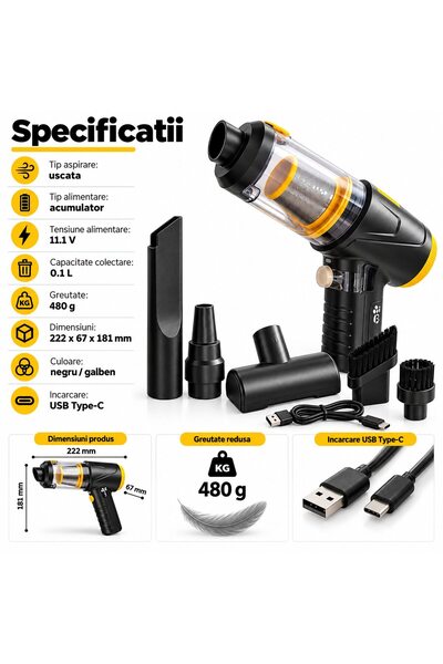OEM Aspirator auto portabil LT-145, 4 în 1, aspirare, suflare, umflare și evacuare aer, 3 niveluri de putere, fără fir, USB-C, afișaj digital, Negru/Galben