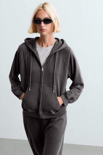 Oysho Kapüşonlu, fermuarlı pamuklu karışım felpa sweatshirt