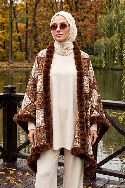 REMSA Women's Square Block Pattern Poncho Pnc15 Brown