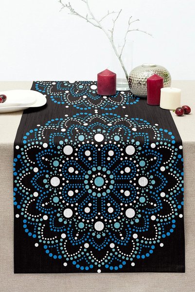 Generic Brand Decorative Runner with Blue Beaded Mandala Pattern on Black Bac...