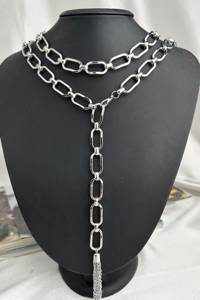 Modex Rectangular Large Ring Double Row Tassel End Y Necklace (40cm)