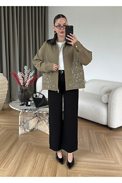 SHILSEE BEUTİQUE Leather-Collared Embroidered Parka Jacket Khaki