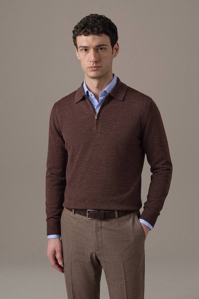 Hemington Merino Yün İpek Karışım Polo Yaka Yarım Fermuarlı Kahverengi Triko