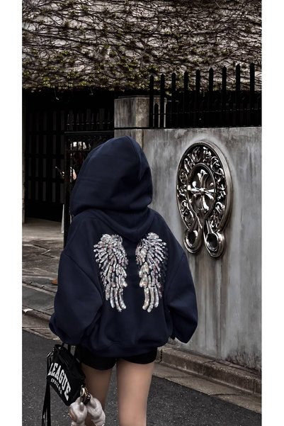 Minga London Sequin Embroidered Angel Wings Trendy Streetwear Black Cardigan ...