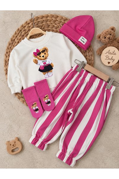 Asila Baby Mrs Teddy Baskılı Sweatshirt Çizgili Pantolon Baskılı Çorap ve Ber...