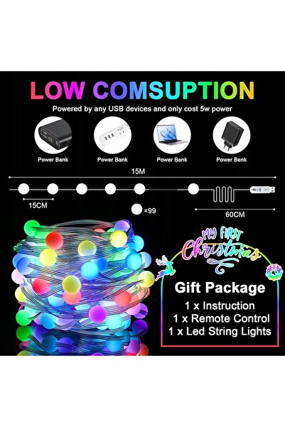 NO BRAND Ghirlandă luminoasă de Crăciun cu 15m, 99 LED-uri RGB și aplicație p...