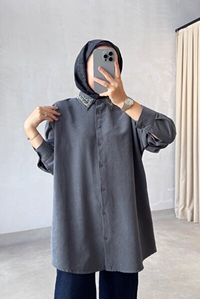 Ka Hijab Yaka Taş İşlemeli Oversize Gömlek - Gri