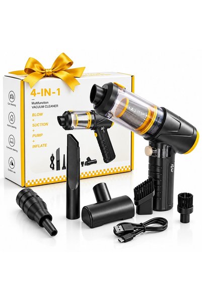 OEM Aspirator auto portabil LT-145, 4 în 1, aspirare, suflare, umflare și evacuare aer, 3 niveluri de putere, fără fir, USB-C, afișaj digital, Negru/Galben