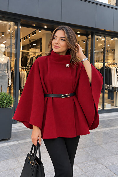 citycenterfashion Women's Belted High Collar Cashmere Poncho Cty-Çtn-9800
