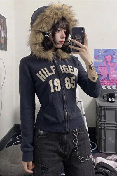 Minga London Cardigan scurt cu glugă, cu detalii din blană, stil Y2K, albastr...