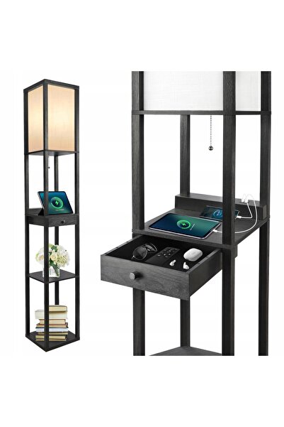 NO BRAND LAMPĂ DE PIESĂ CU RAFT, SERTAR ȘI PRIZE DE ÎNCĂRCARE – ELEGANTĂ ȘI M...