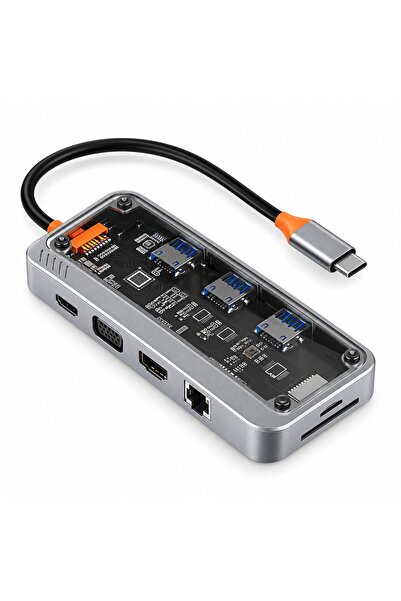 OEM Hub USB-C 10 în 1 pentru laptop, HDMI 4K/30Hz, PD 100W, VGA 1080p, RJ45 G...