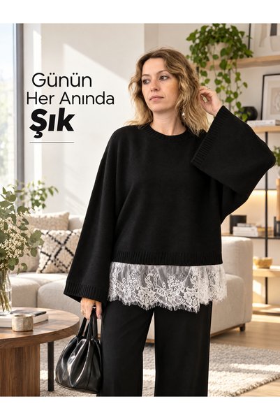 3B Stil Dantelli Yarasa Kol Kazak