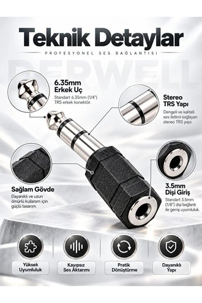 Derwell 2'li Stereo Jak Adaptör Seti - 6.35 mm Erkek to 3.5 mm Dişi Altın Kaplama Metal Gövde & Kompakt Tasarım Çevirici Dönüştürücü Kulaklık Amfi Ses Sistemi Altın/Siyah İki Farklı Model Tek Paket