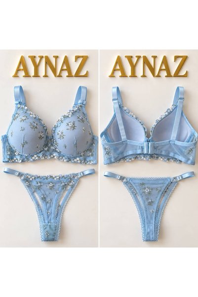 love secret kadın mavi çiçek nakışlı destekli sütyen ve string külot takımı