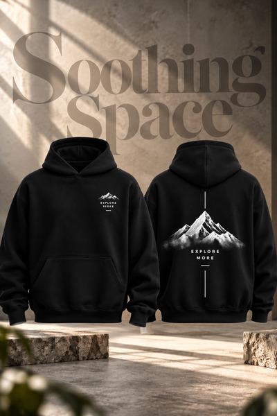 Soothing Space اكتشف المزيد: هودي فاخر كبير الحجم للجنسين - سويت شيرت أسود بقلنسوة مع طباعة جبلية من الأمام والخلف