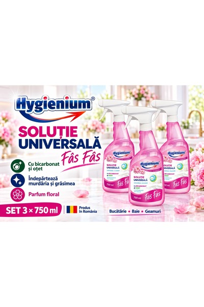 Hygienium Set 3 x Solutie universala de curatare cu bicarbonat si otet, parfu...