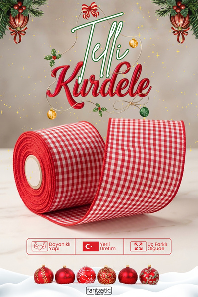 FANTASTIC KURDELE Yılbaşı Kırmızı Ekose Telli Dokuma Kurdele 5 Metre – Kırmız...